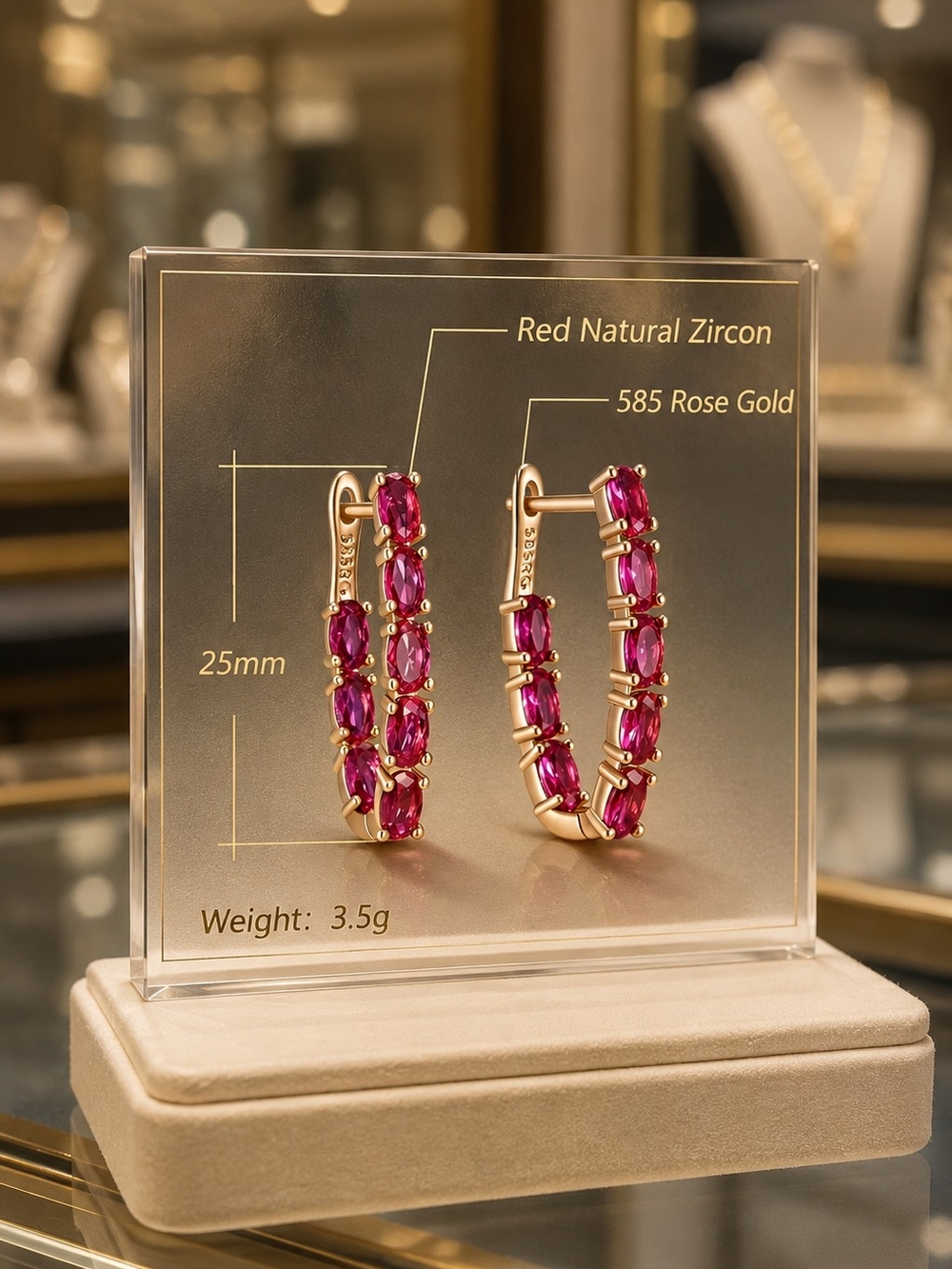 Rose Gold Plated Hoop Earrings with Red Zircon Stones - Picture 3 of 7